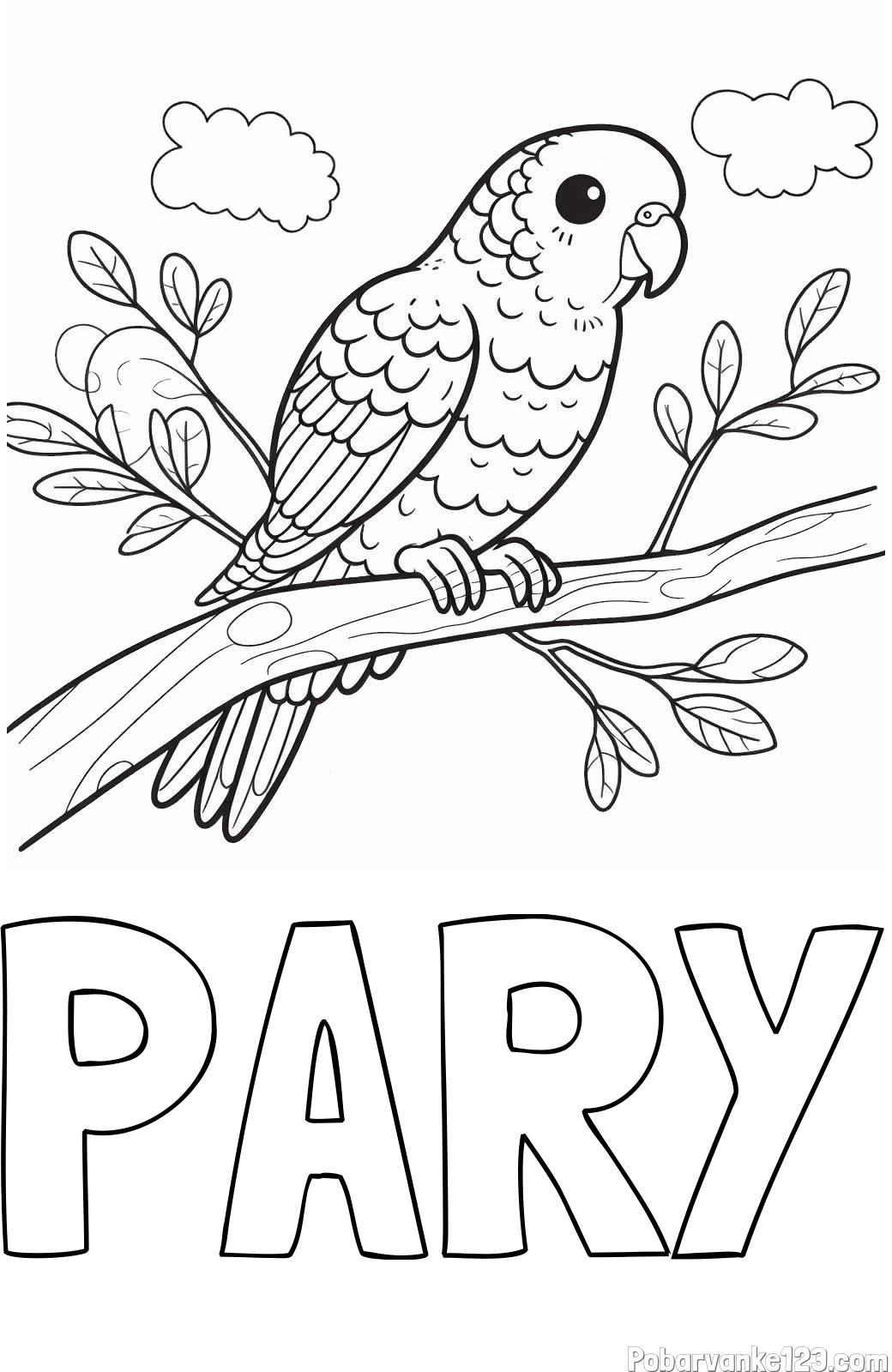 Pobarvanka imena PARY in pobarvanka ljubkega kanarčka na veji