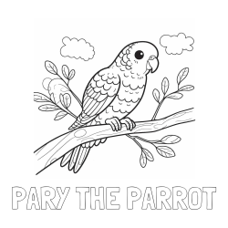 Online izdelana pobarvanka - Pobarvanka imena PARY THE PARROT in pobarvanka ljubkega kanarčka na veji