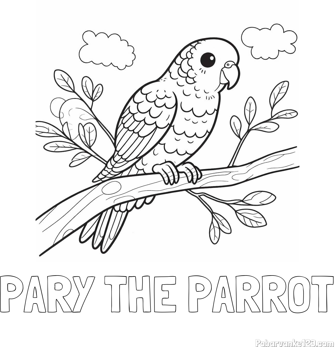 Pobarvanka imena PARY THE PARROT in pobarvanka ljubkega kanarčka na veji