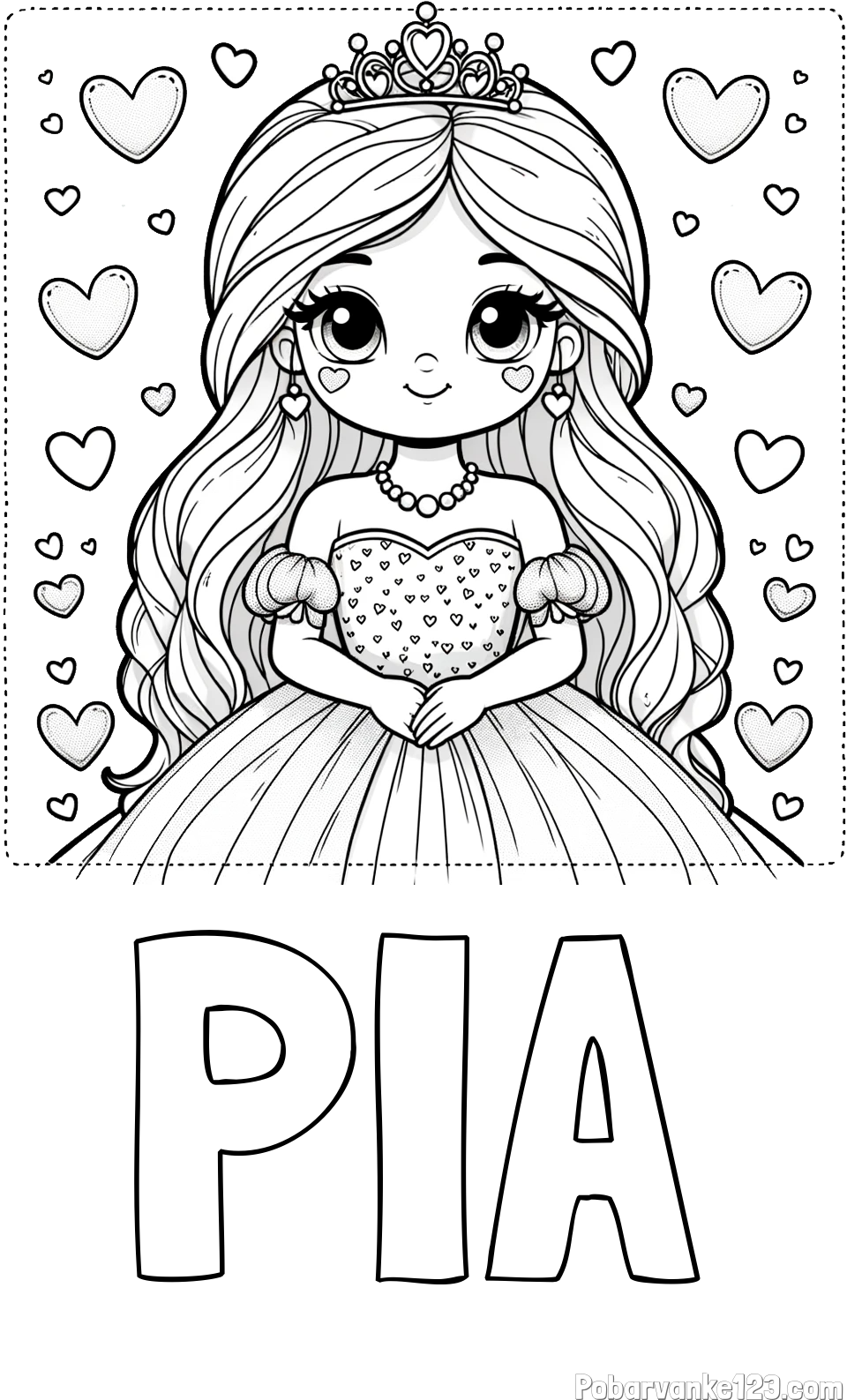 Pobarvanka imena PIA in pobarvanka ljubke princese obdane s srčki