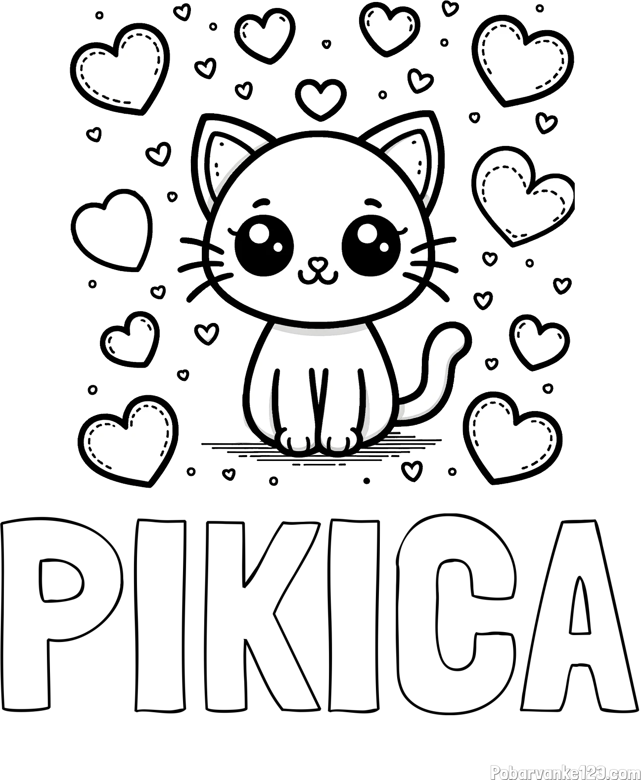 Pobarvanka imena PIKICA in pobarvanka ljubke mucke obdane z veliko srčki