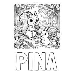 Online izdelana pobarvanka - Pobarvanka imena PINA in pobarvanka veveričke in zajčka v gozdu