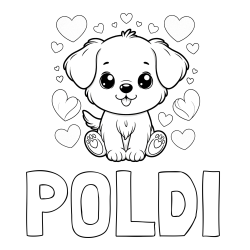 Online izdelana pobarvanka - Pobarvanka imena POLDI in pobarvanka ljubkega kužka obdanega s srčki