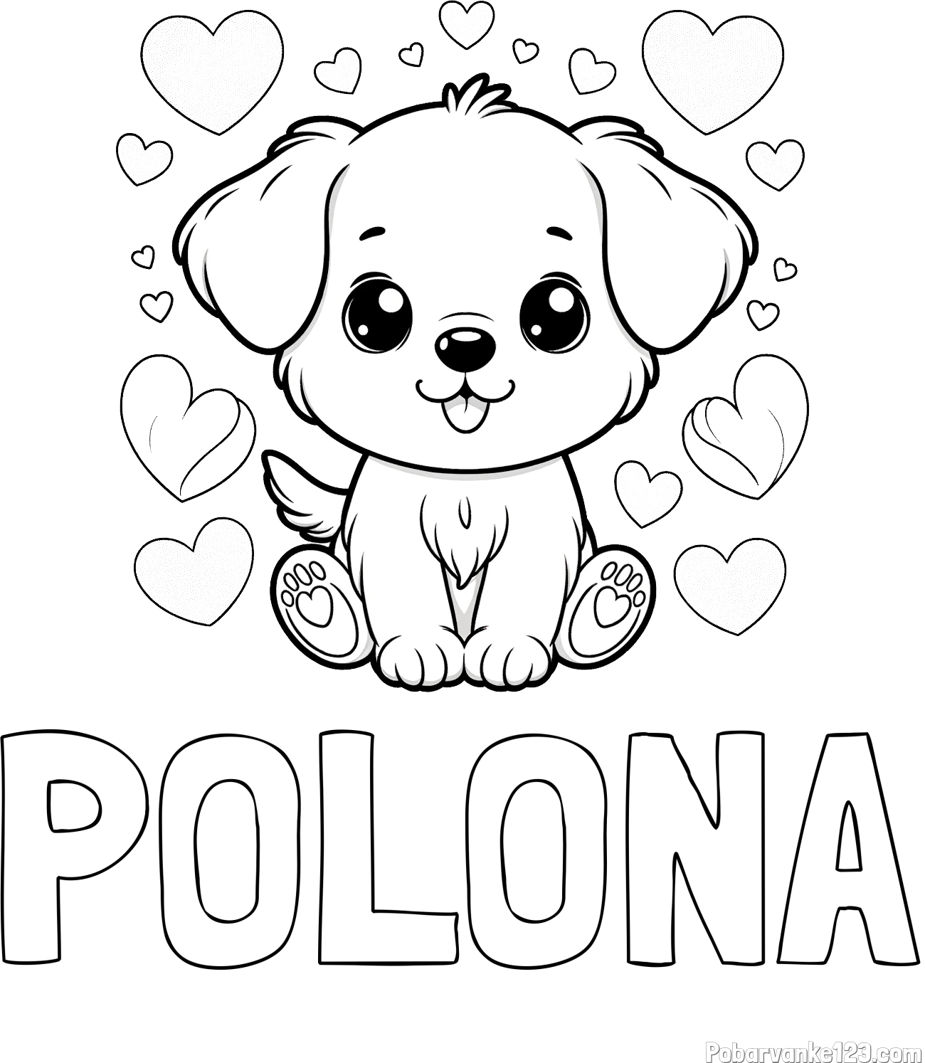 Pobarvanka imena POLONA in pobarvanka ljubkega kužka obdanega s srčki