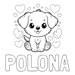 Pobarvanka imena POLONA in pobarvanka ljubkega kužka obdanega s srčki