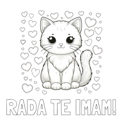 Online izdelana pobarvanka - Pobarvanka imena RADA TE IMAM! in pobarvanka ljubke mucke obdane s srčki