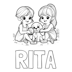 Online izdelana pobarvanka - Pobarvanka imena RITA in pobarvanka prijateljic s kužkom