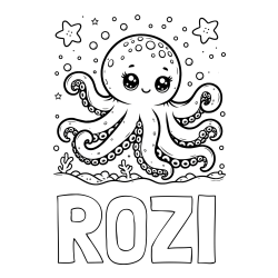Online izdelana pobarvanka - Pobarvanka imena ROZI in pobarvanka hobotnice v morju obdane z morskimi zvezdami