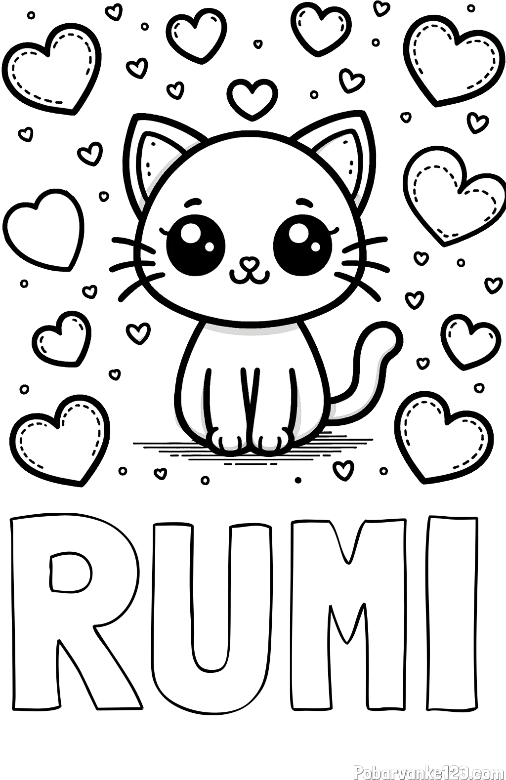 Pobarvanka imena RUMI in pobarvanka ljubke mucke obdane z veliko srčki