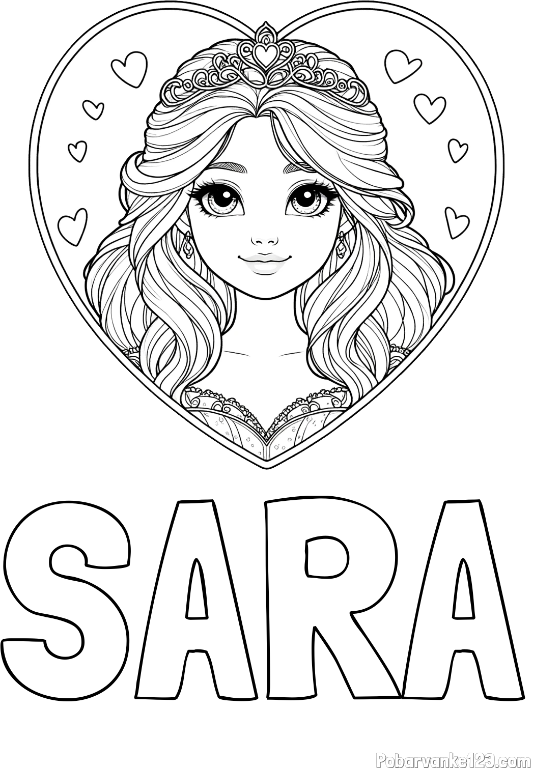 Pobarvanka imena SARA in pobarvanka princeske ter srčkov