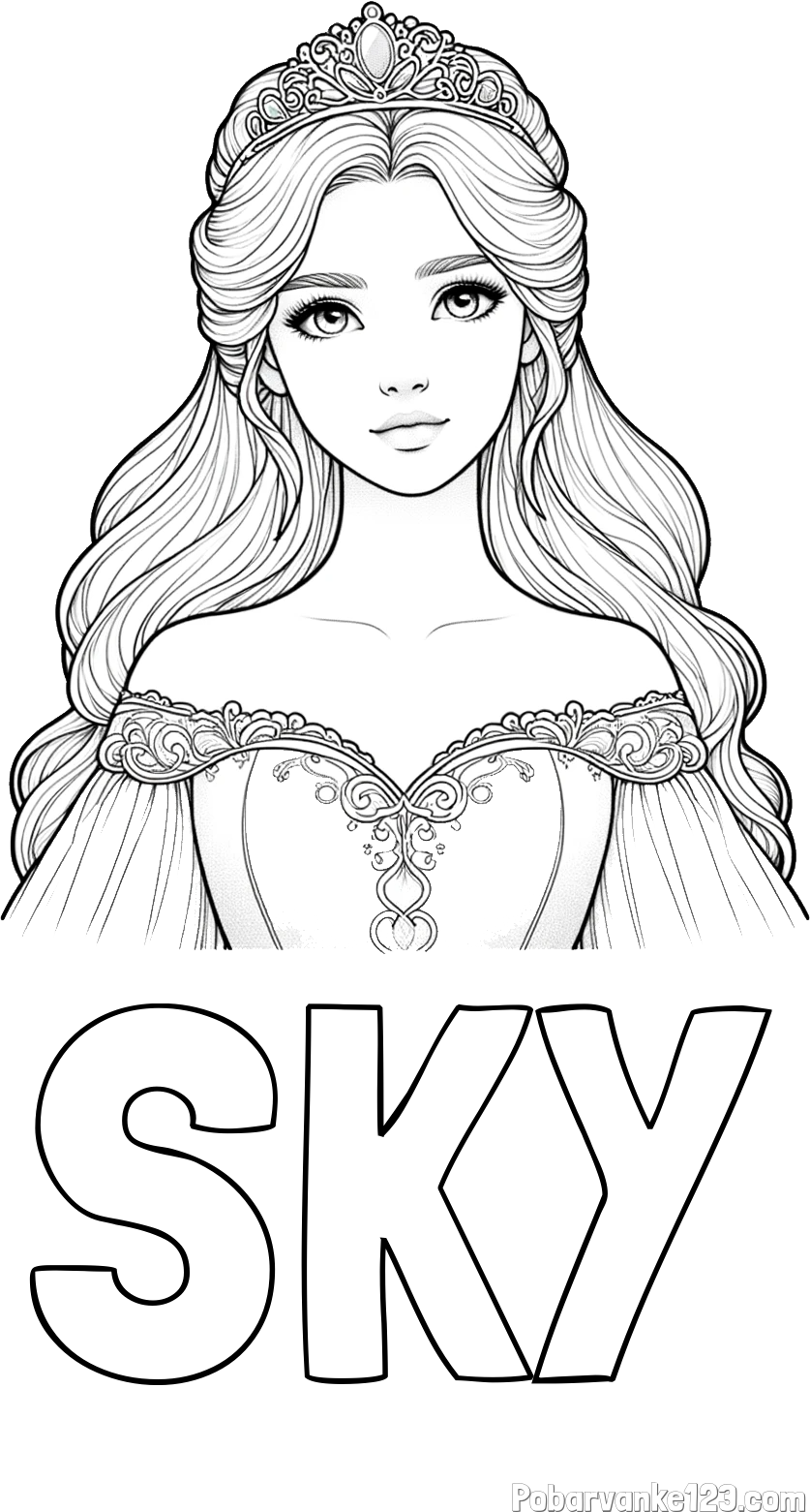 Pobarvanka imena SKY in pobarvanka realistične princese