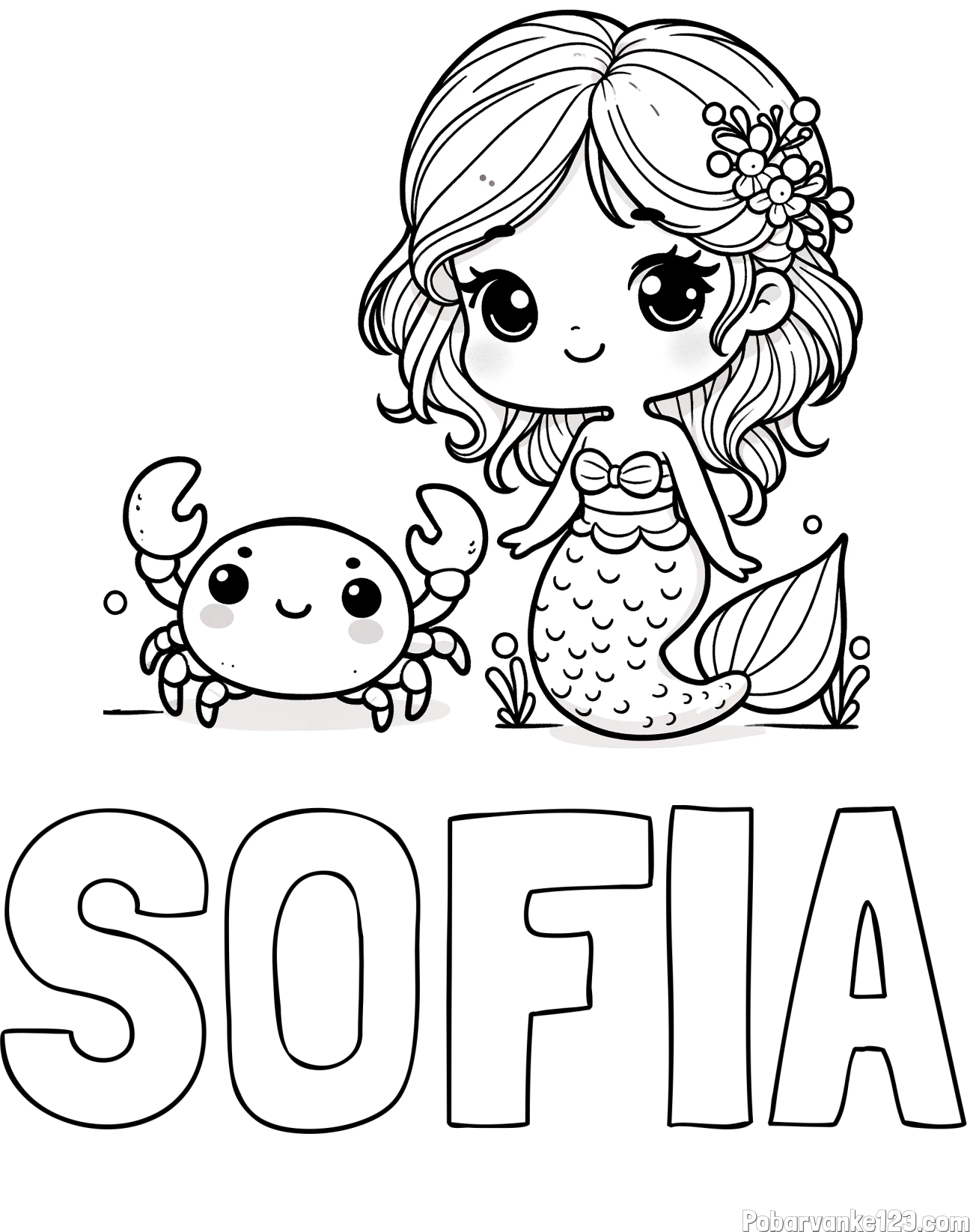 Pobarvanka imena SOFIA in pobarvanka ljubke morske deklice in veselega raka