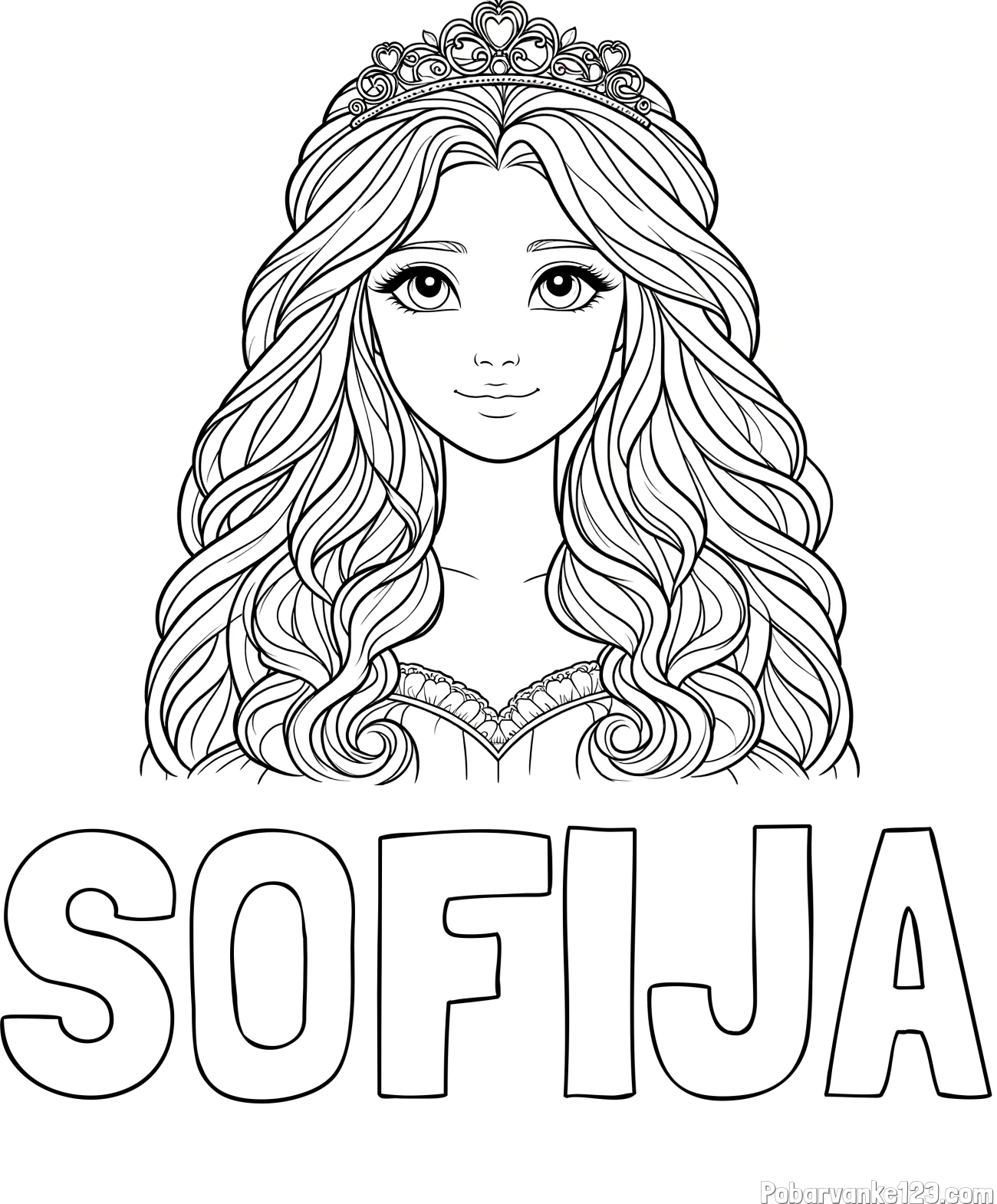 Pobarvanka imena SOFIJA in pobarvanka ljubke princese z bujnimi lasmi