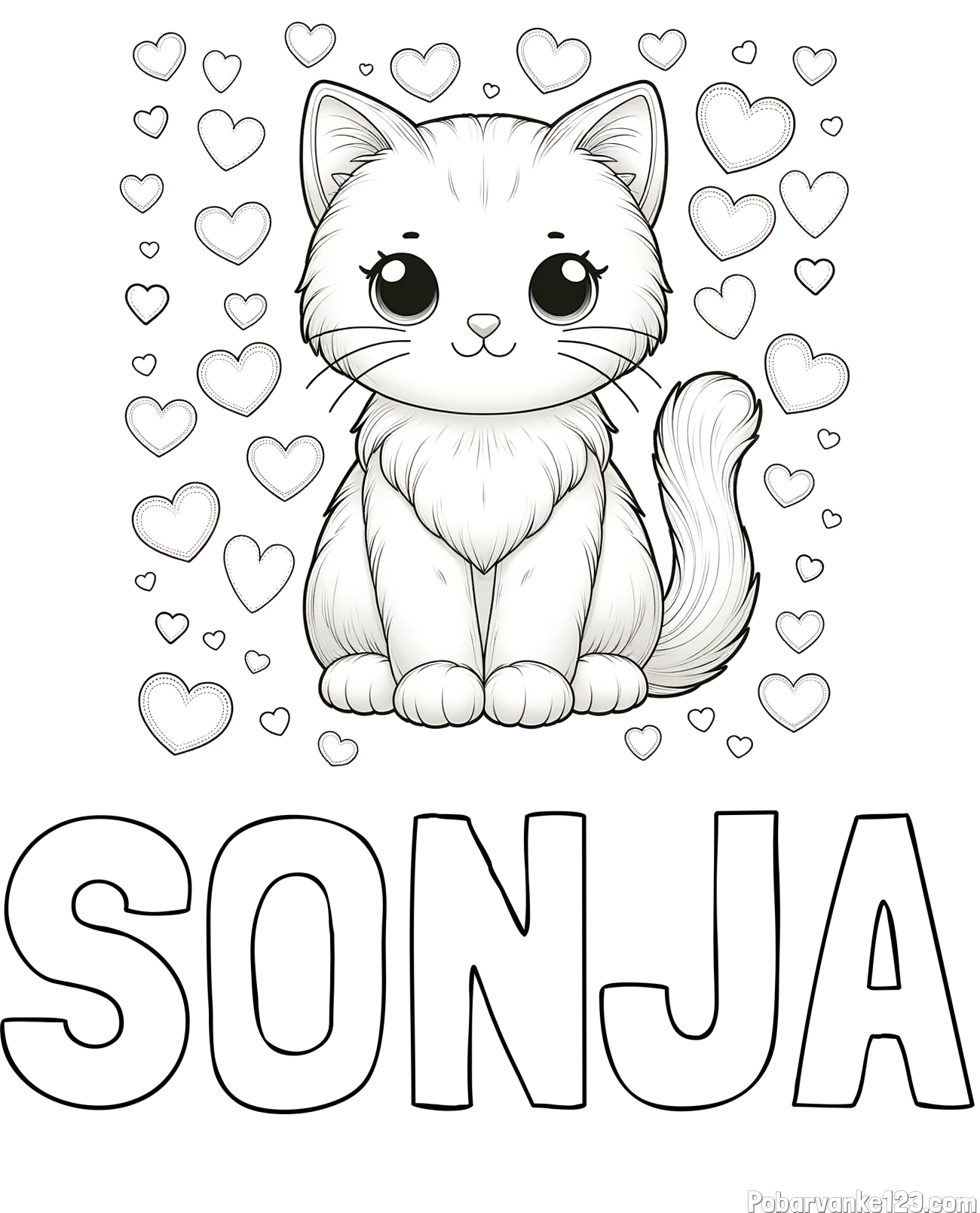 Pobarvanka imena SONJA in pobarvanka ljubke mucke obdane s srčki