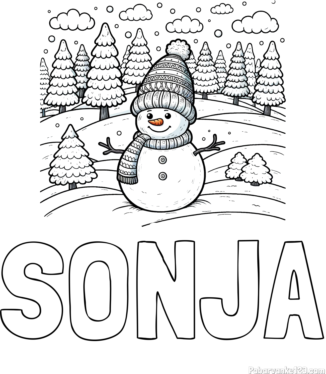 Pobarvanka imena SONJA in pobarvanka snežaka v naravi obdanega z zasneženimi smrekami