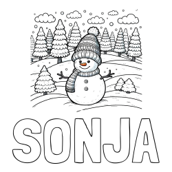 Online izdelana pobarvanka - Pobarvanka imena SONJA in pobarvanka snežaka v naravi obdanega z zasneženimi smrekami