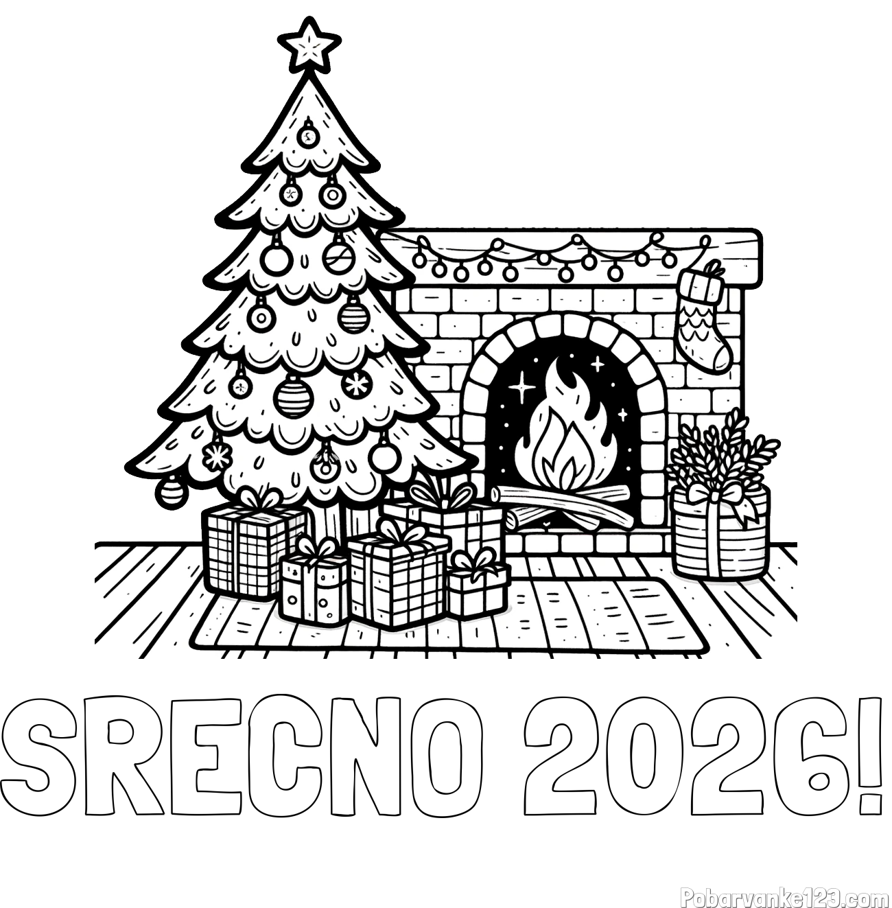 Pobarvanka imena SREČNO 2026! in pobarvanka božične noči z božično smrečico, darili ter kaminom