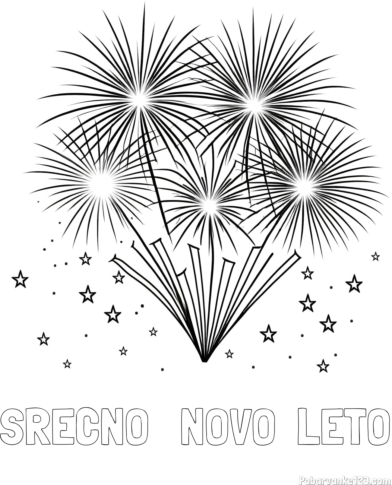 Pobarvanka imena SRECNO   NOVO  LETO in pobarvanka velikega ognjemeta z zvezdicami
