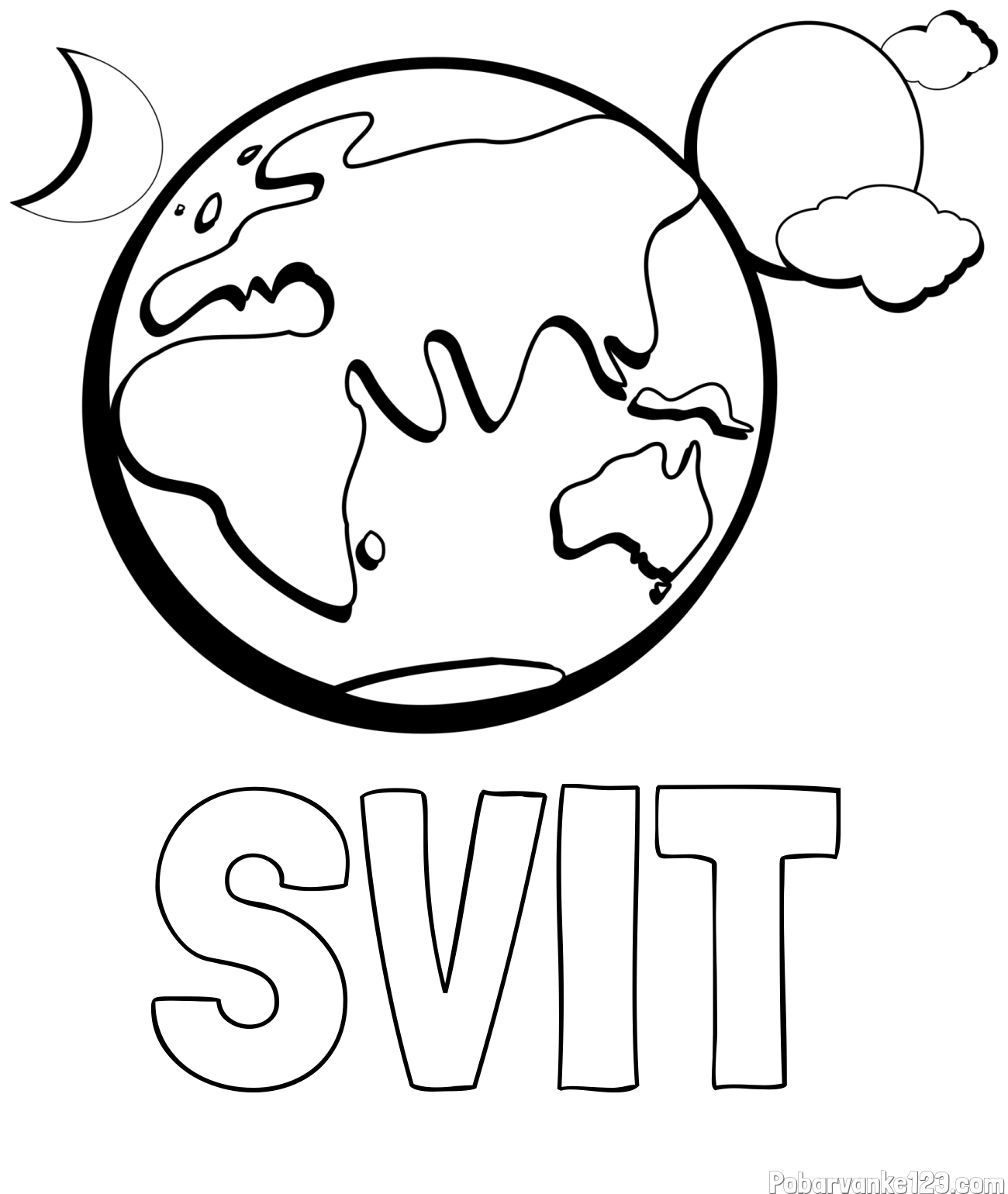 Pobarvanka imena SVIT in pobarvanka planeta Zemlje, lune ter sonca