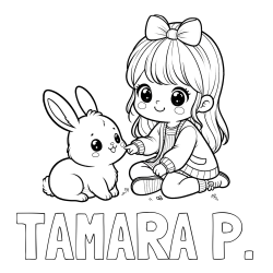 Online izdelana pobarvanka - Pobarvanka imena TAMARA P. in pobarvanka ljubke punčke, ki se igra z zajčkom