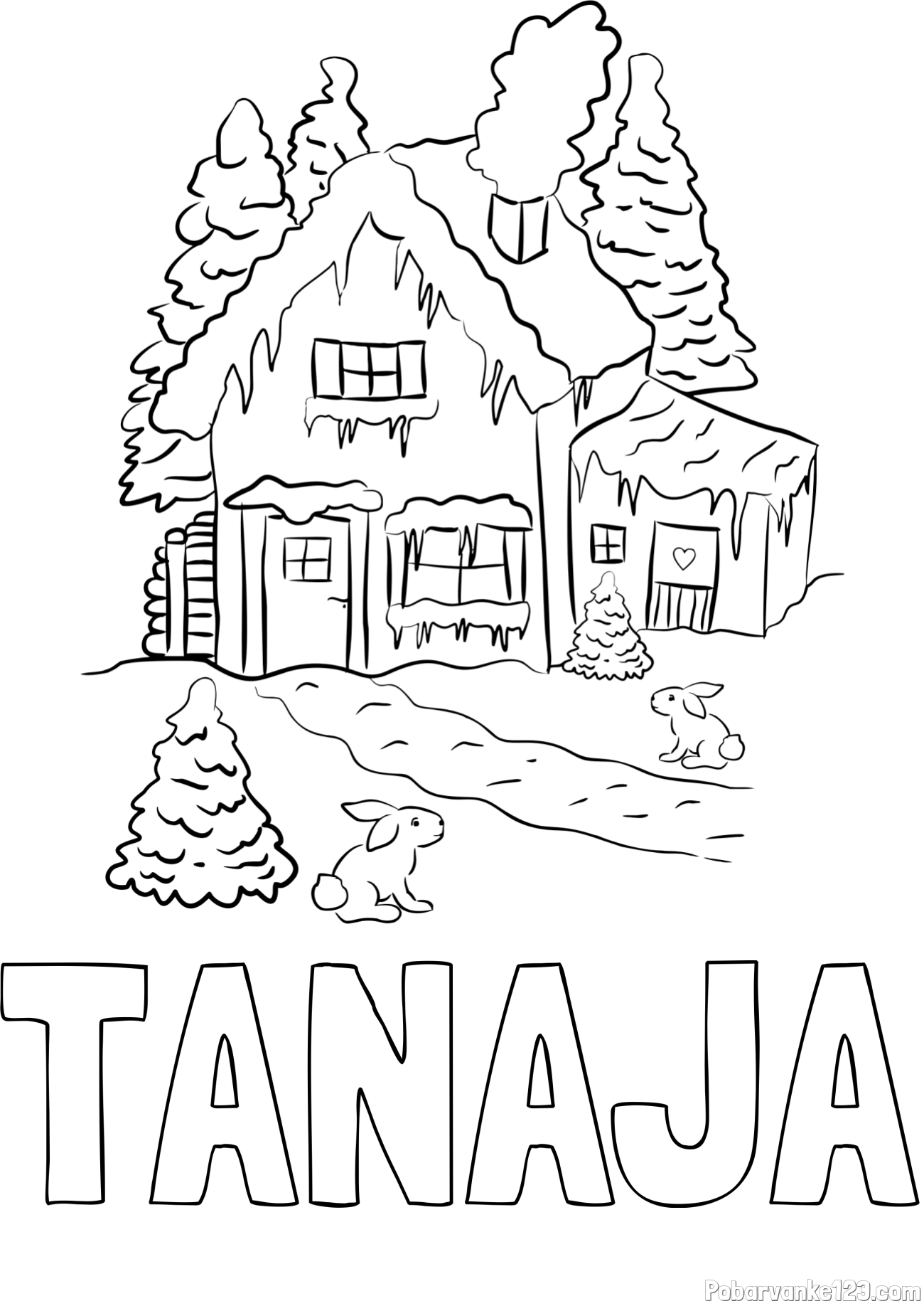 Pobarvanka imena TANAJA in pobarvanka zasnežene hiše