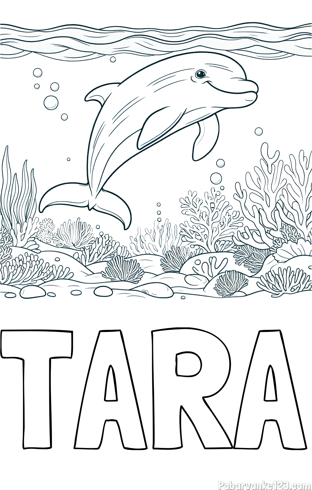 Pobarvanka imena TARA in pobarvanka ljubkega delfina med plavanjem v morju