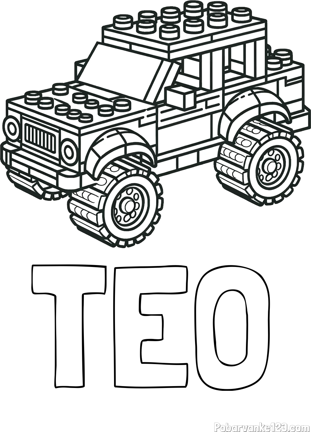 Pobarvanka imena TEO in pobarvanka džipa sestavljenega iz LEGO kock