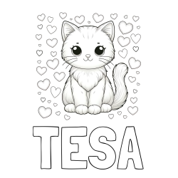 Online izdelana pobarvanka - Pobarvanka imena TESA in pobarvanka ljubke mucke obdane s srčki