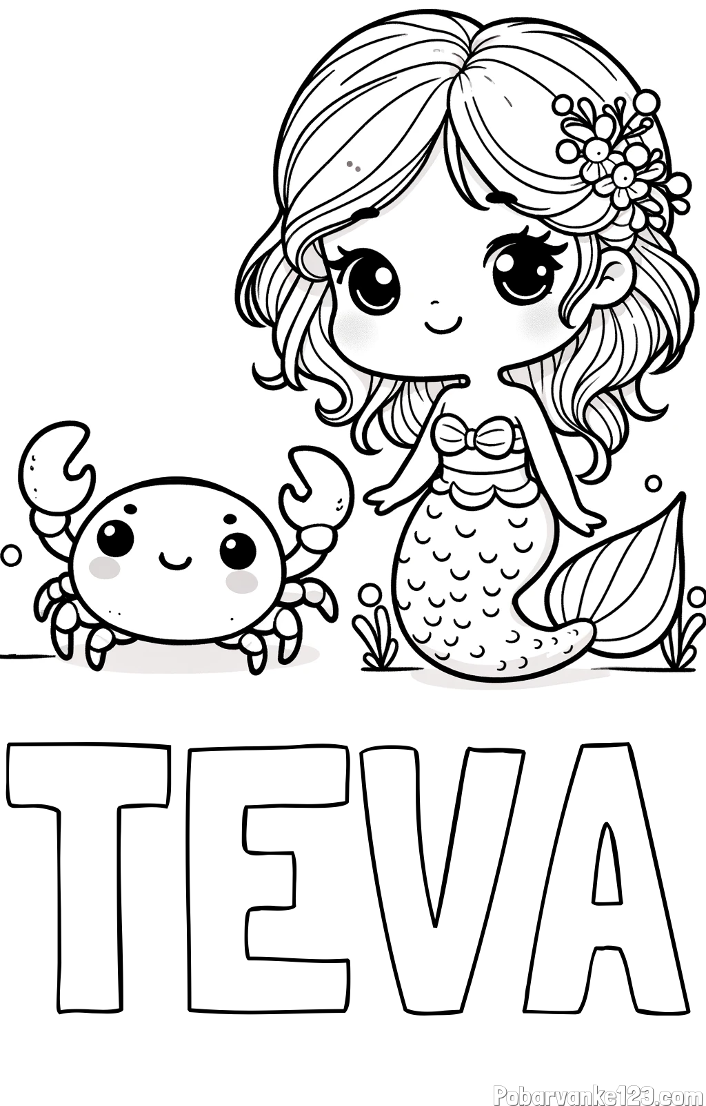 Pobarvanka imena TEVA in pobarvanka ljubke morske deklice in veselega raka