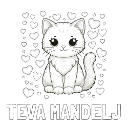 Online izdelana pobarvanka - Pobarvanka imena TEVA MANDELJ in pobarvanka ljubke mucke obdane s srčki