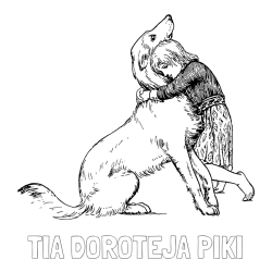 Online izdelana pobarvanka - Pobarvanka imena TIA DOROTEJA PIKI in pobarvanka prikupnega kužka, ki ga objema mala deklica