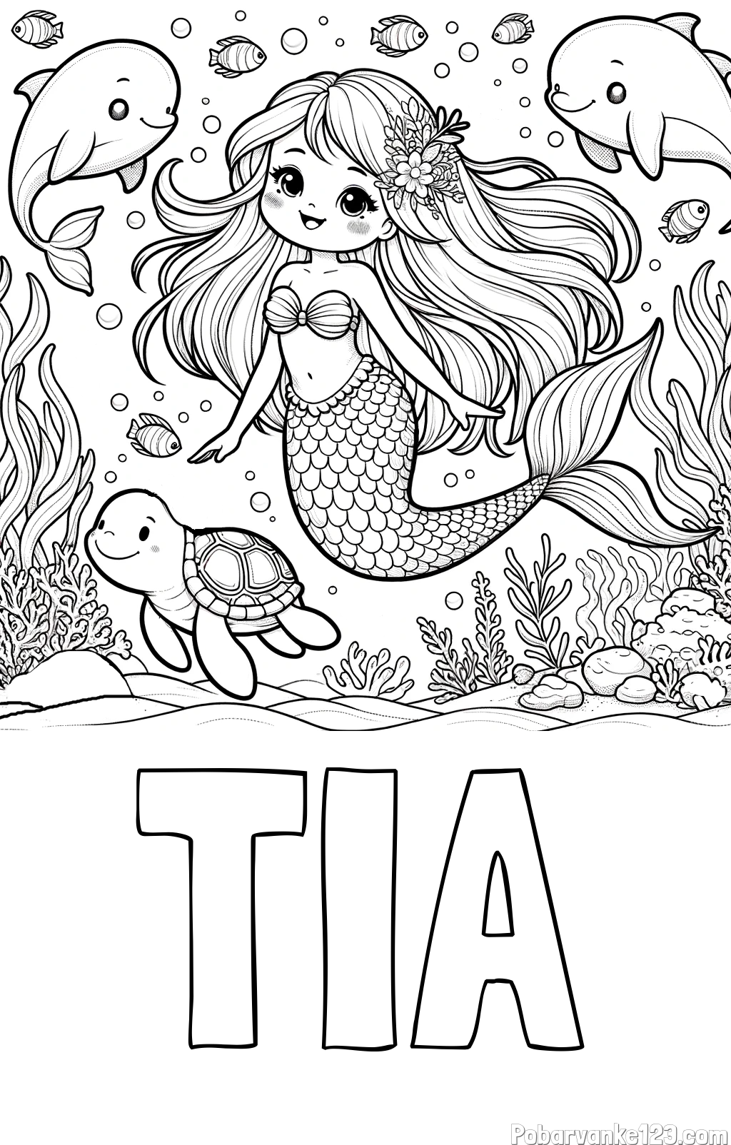 Pobarvanka imena TIA in pobarvana ljubke morske deklice s prijatelji