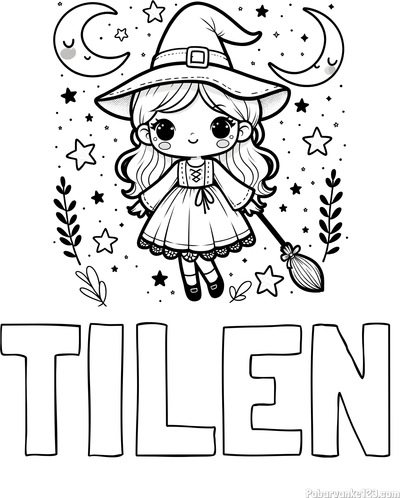 Pobarvanka imena TILEN in pobarvanka prikupne čarovnice