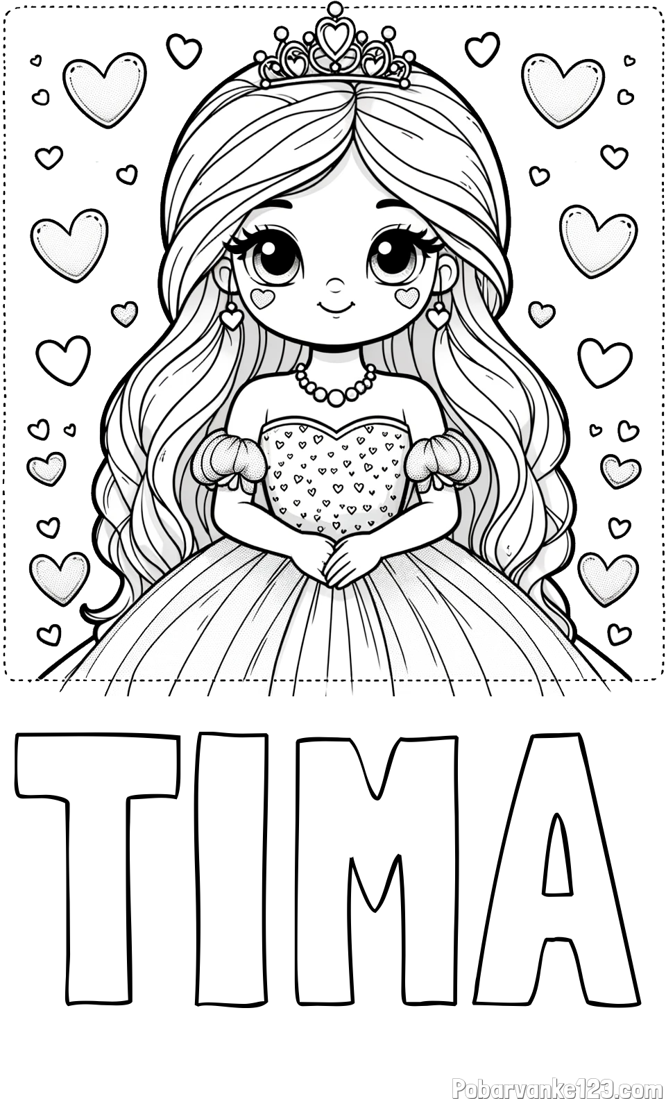 Pobarvanka imena TIMA in pobarvanka ljubke princese obdane s srčki