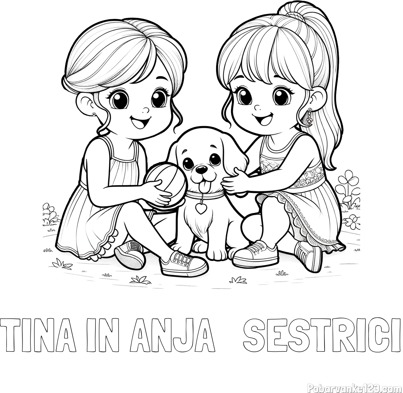 Pobarvanka imena TINA IN ANJA   SESTRICI in pobarvanka prijateljic s kužkom