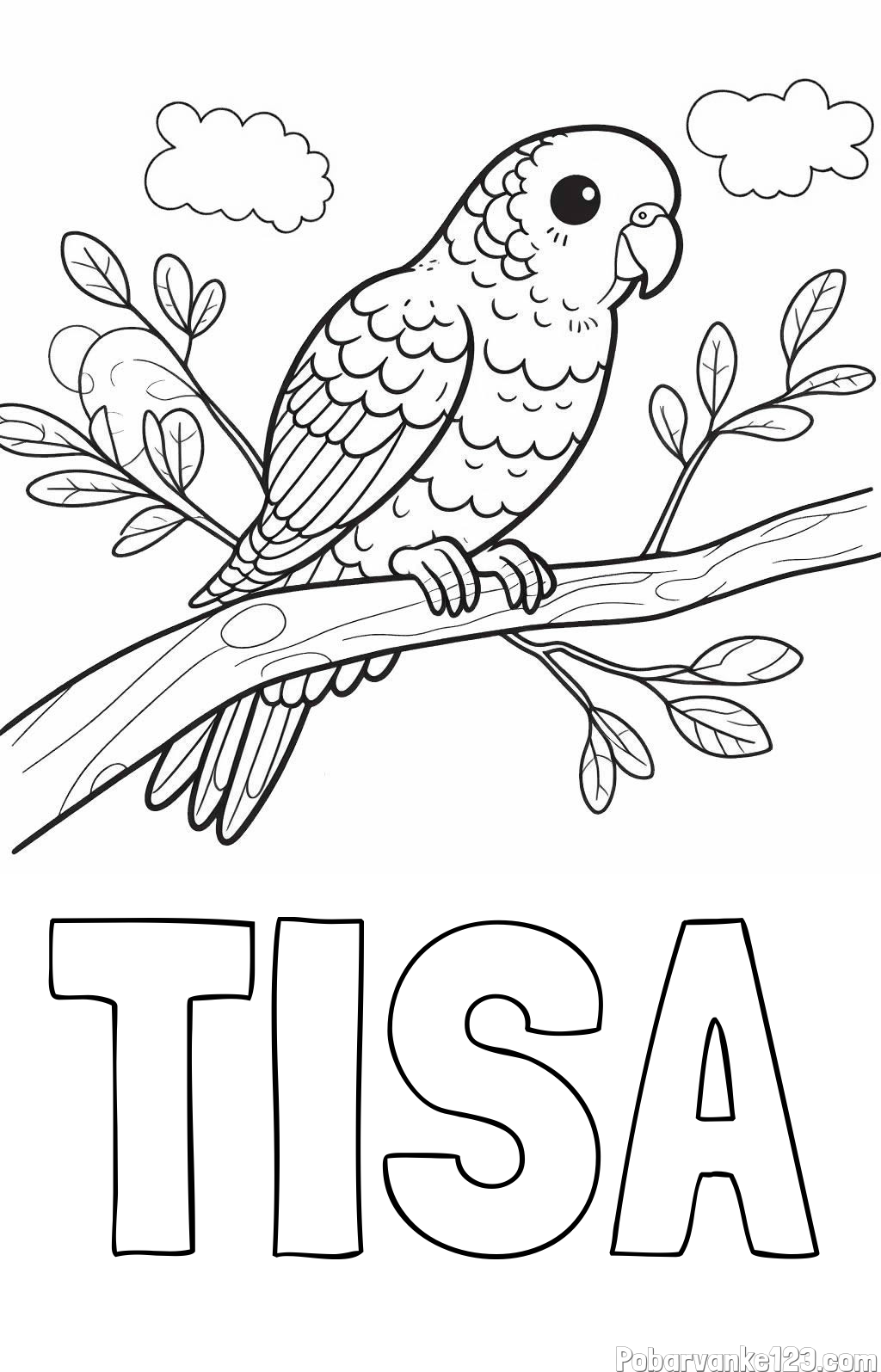 Pobarvanka imena TISA in pobarvanka ljubkega kanarčka na veji