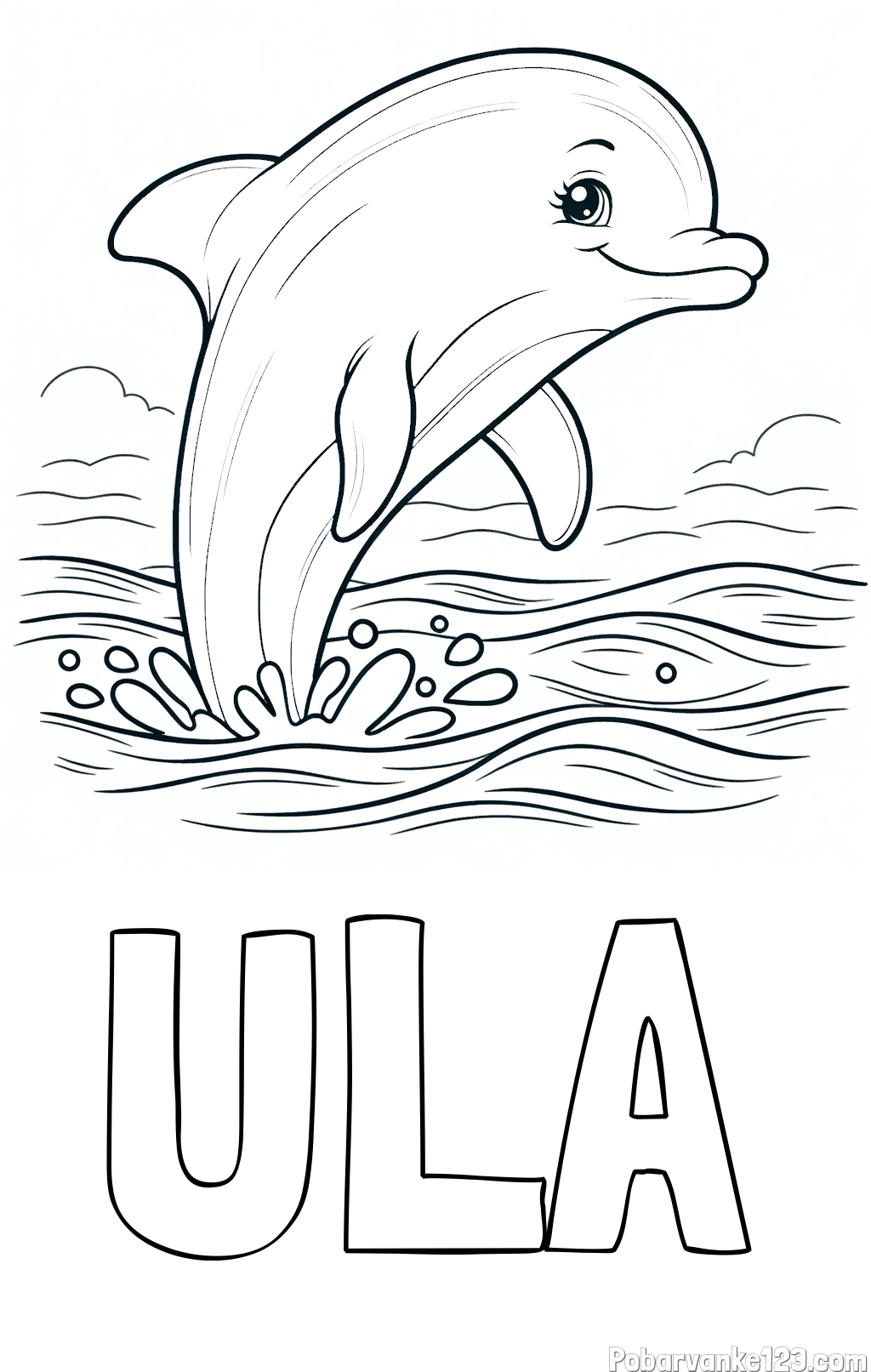 Pobarvanka imena ULA in pobarvanka nasmejanega delfina v  skoku