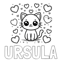 Online izdelana pobarvanka - Pobarvanka imena URŠULA in pobarvanka ljubke mucke obdane z veliko srčki