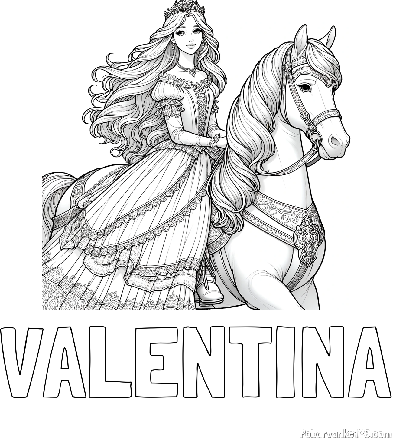 Pobarvanka imena VALENTINA in pobarvanka nasmejana princese na konju