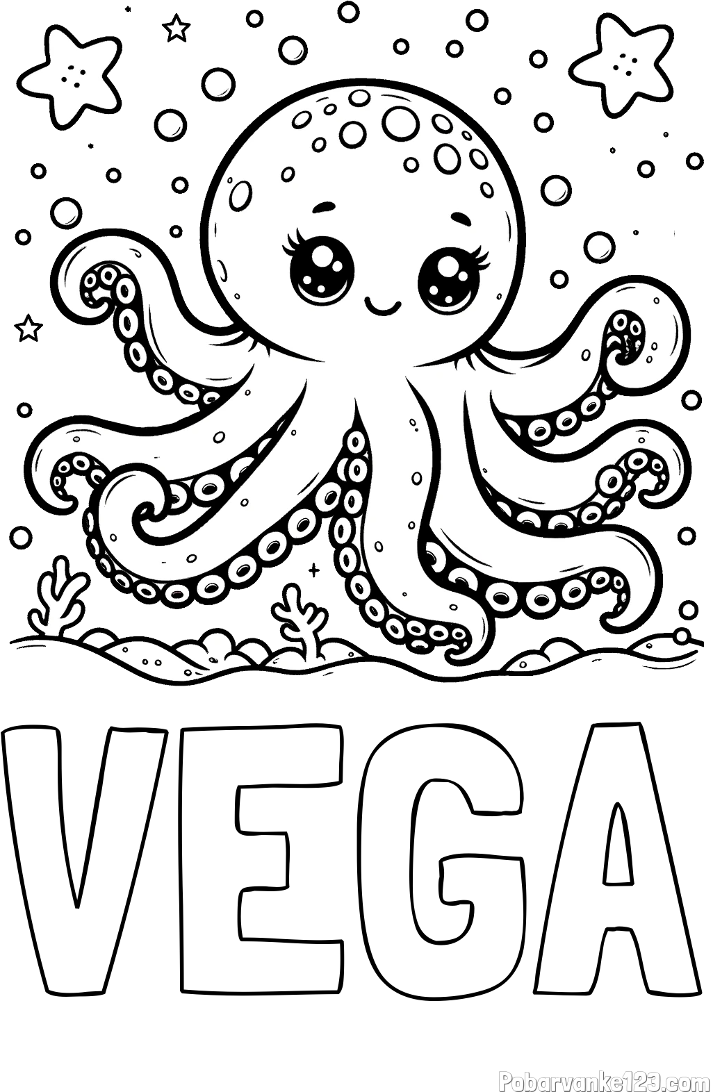 Pobarvanka imena VEGA in pobarvanka hobotnice v morju obdane z morskimi zvezdami