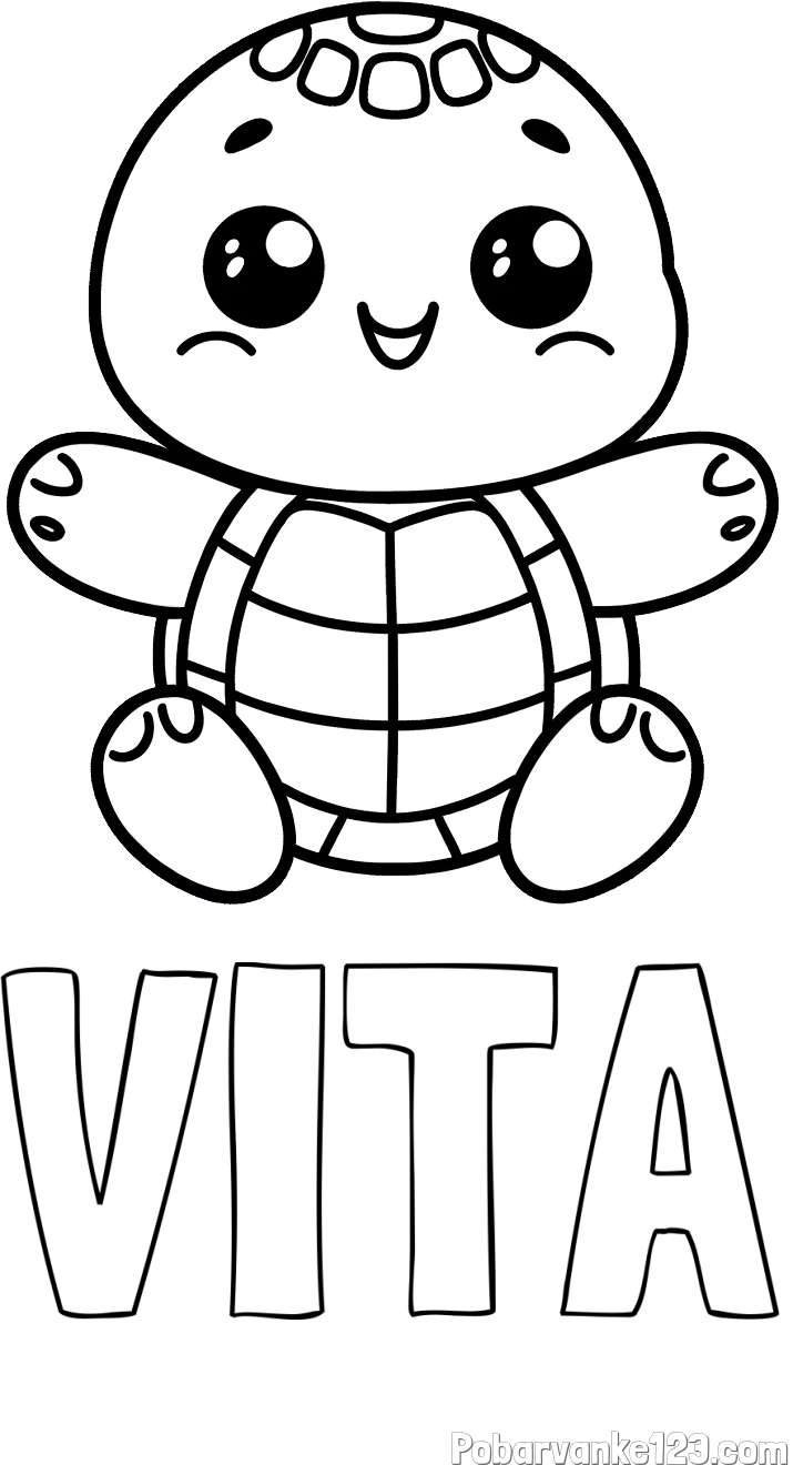 Pobarvanka imena VITA in otroška pobarvanka ljubke in nasmejane želvice