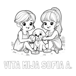 Online izdelana pobarvanka - Pobarvanka imena VITA MIJA SOFIA A. in pobarvanka prijateljic s kužkom