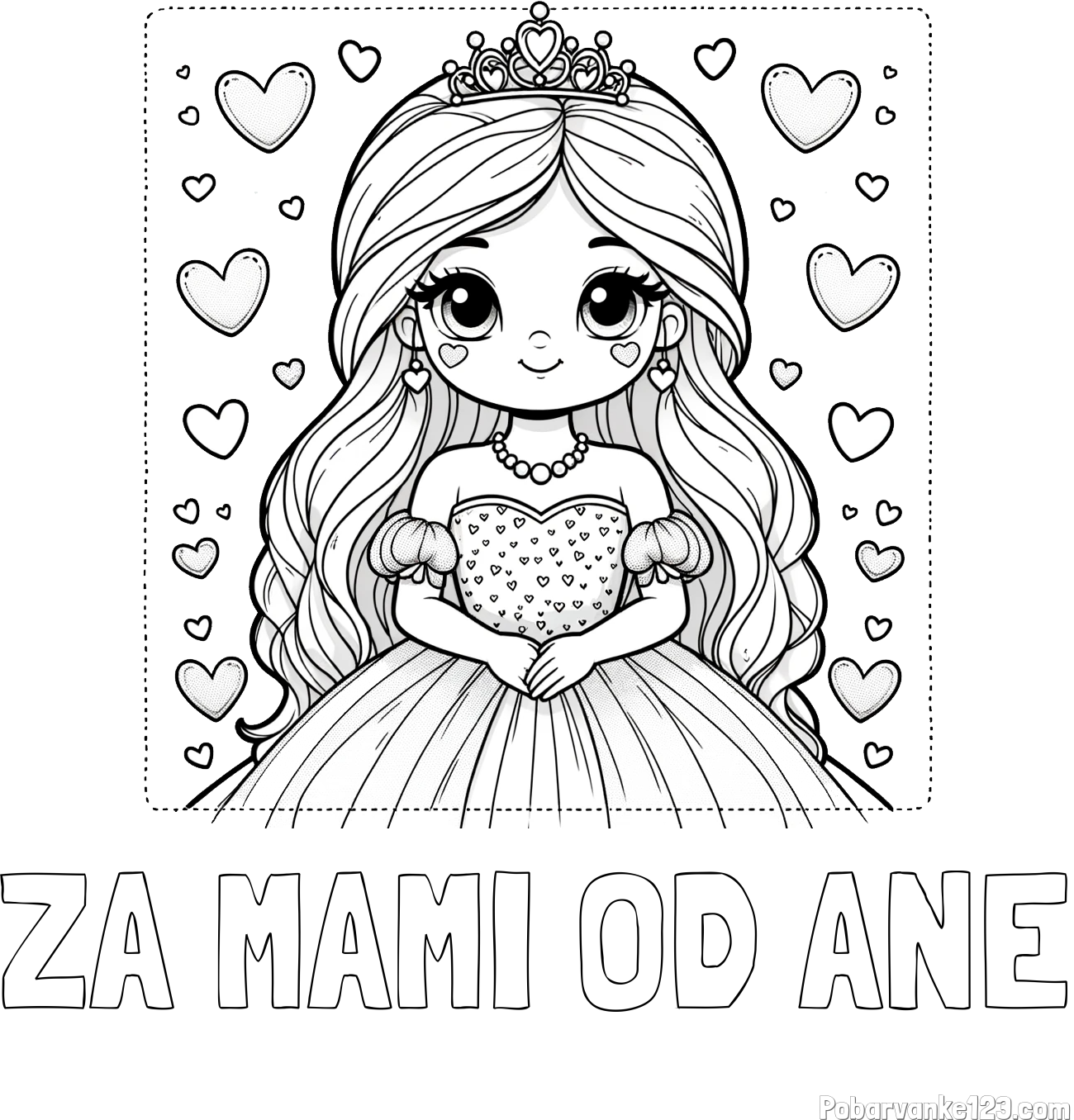 Pobarvanka imena ZA MAMI OD ANE in pobarvanka ljubke princese obdane s srčki