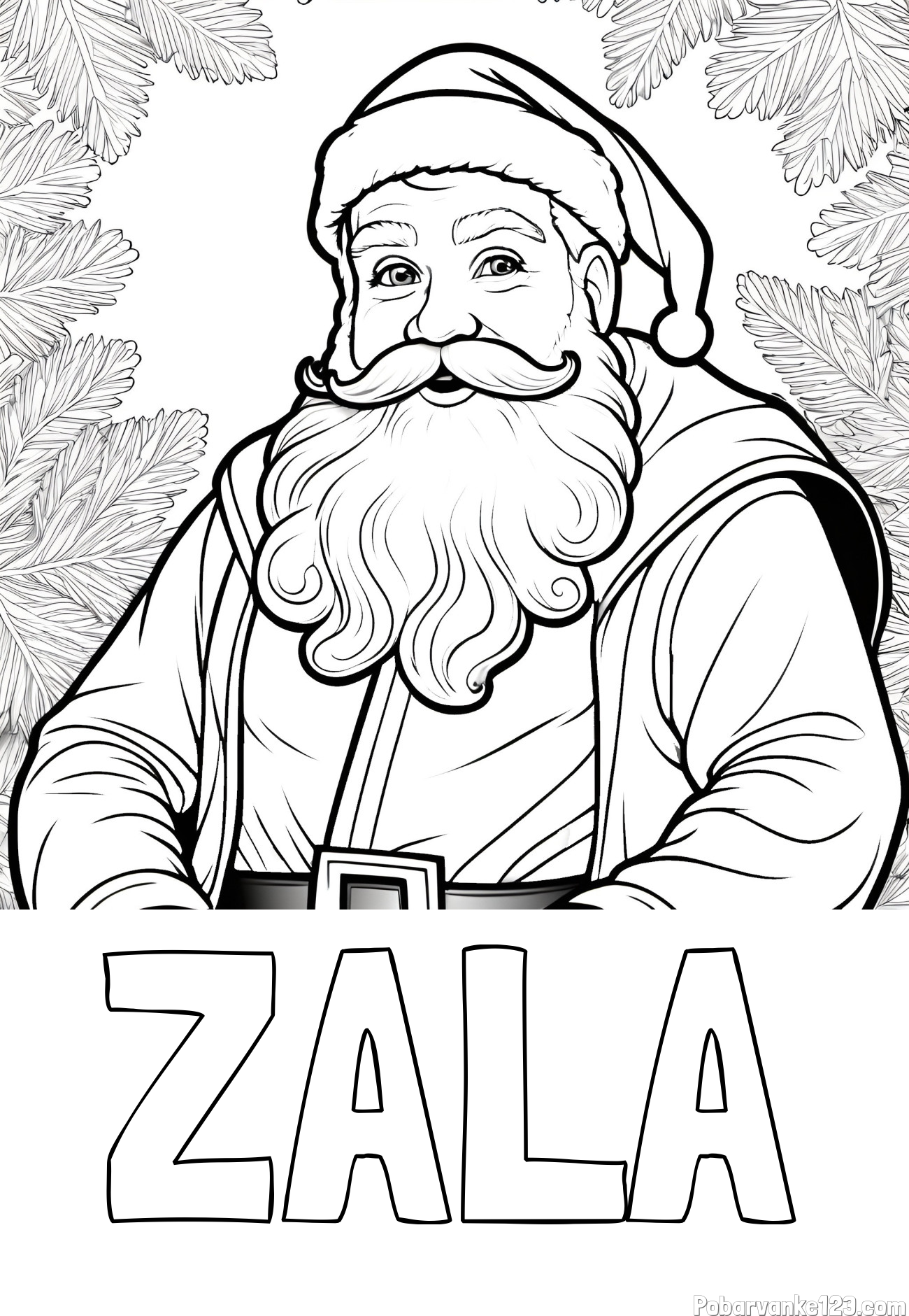 Pobarvanka imena ZALA in realistična pobarvanka božička obdanega s smrekovimi vejami