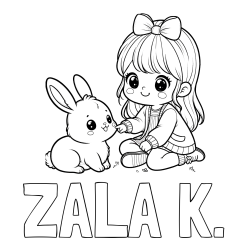 Online izdelana pobarvanka - Pobarvanka imena ZALA K. in pobarvanka ljubke punčke, ki se igra z zajčkom
