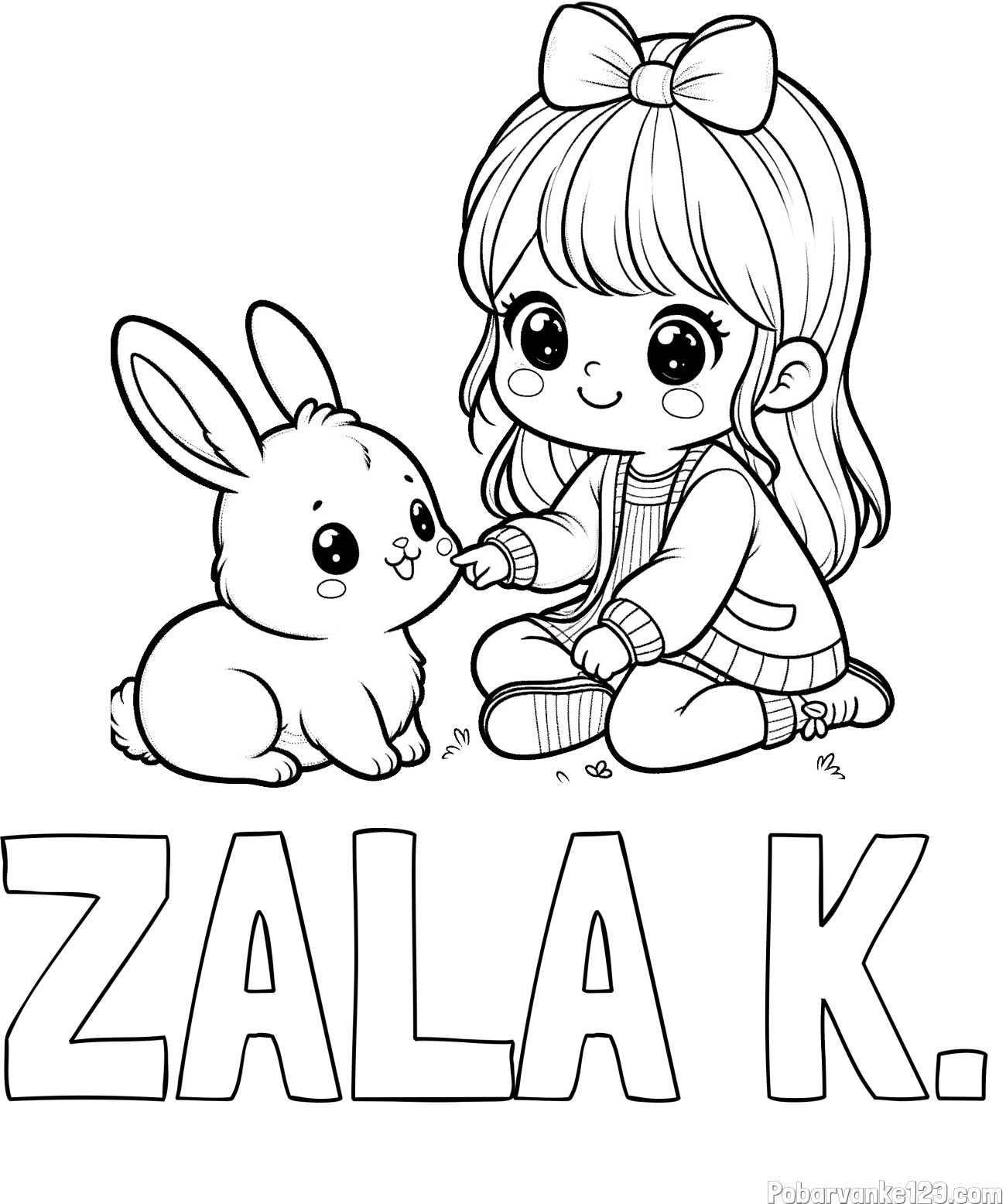 Pobarvanka imena ZALA K. in pobarvanka ljubke punčke, ki se igra z zajčkom