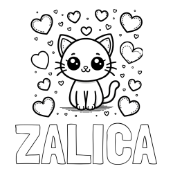 Online izdelana pobarvanka - Pobarvanka imena ZALICA in pobarvanka ljubke mucke obdane z veliko srčki