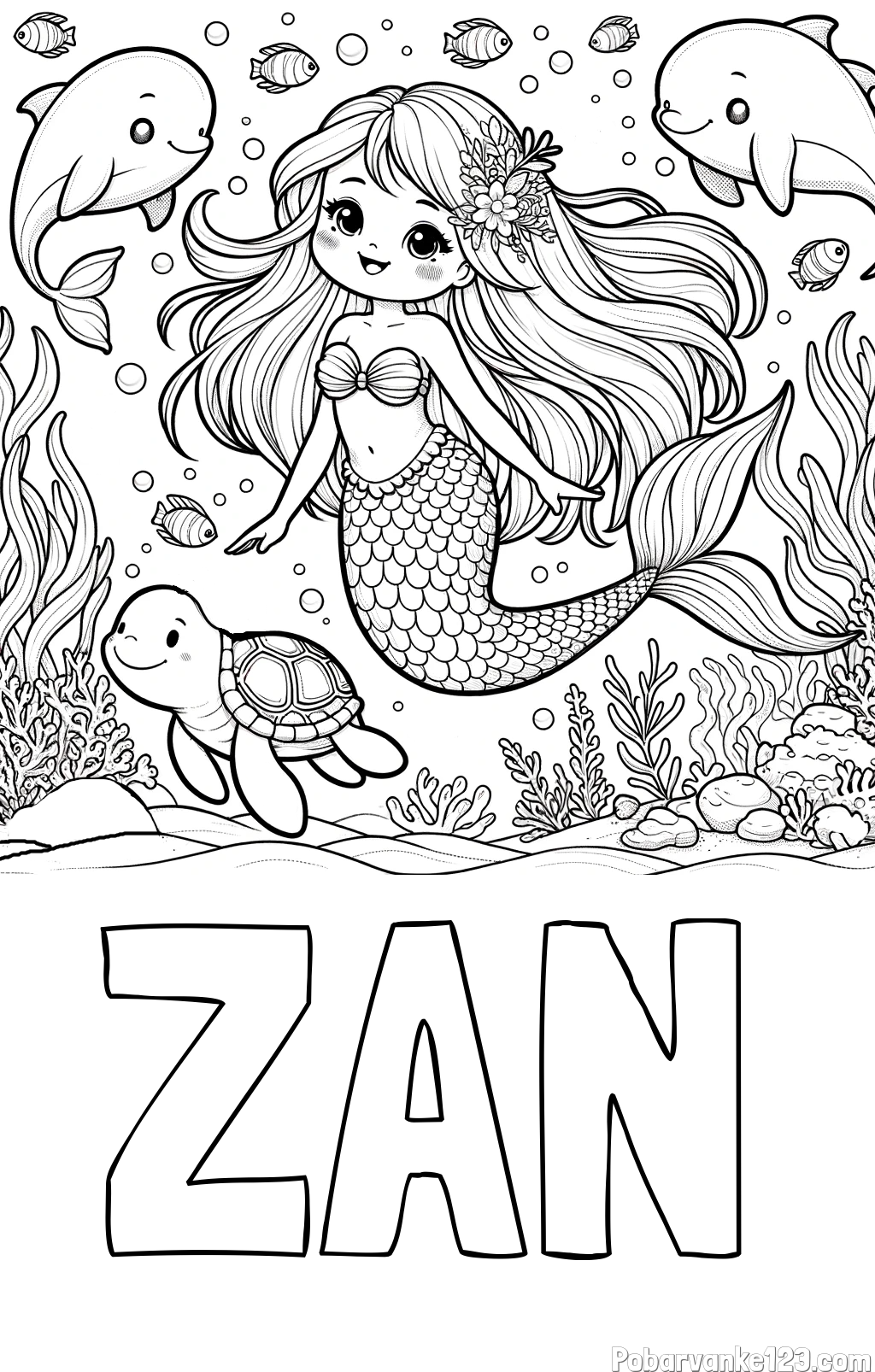 Pobarvanka imena ŽAN in pobarvana ljubke morske deklice s prijatelji