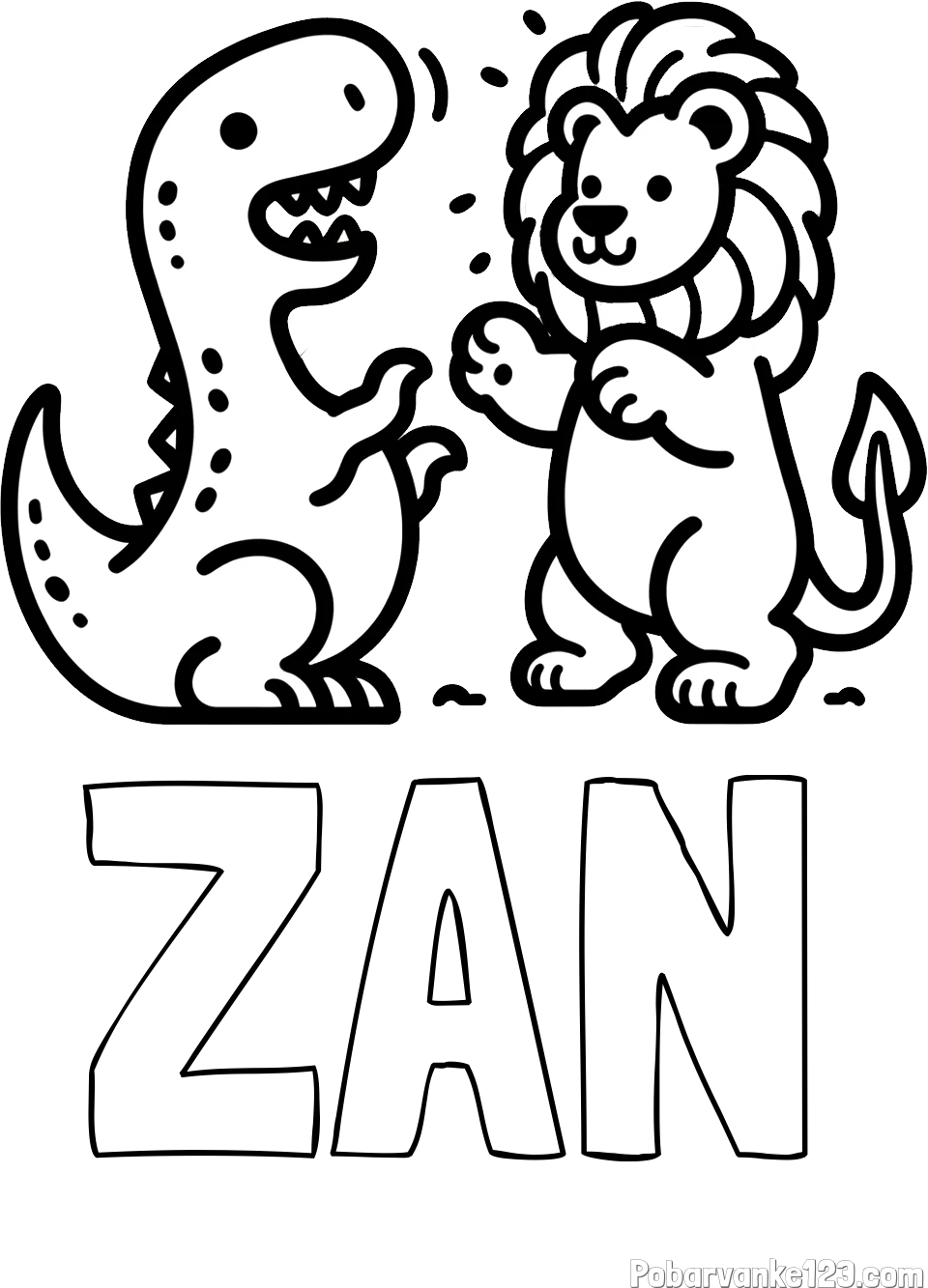 Pobarvanka imena ŽAN in pobarvanka dinozavra, ki napada leva