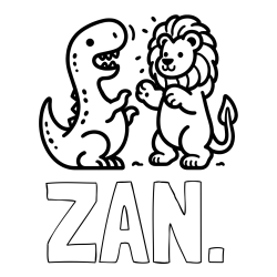 Pobarvanka imena ŽAN. in pobarvanka dinozavra, ki napada leva